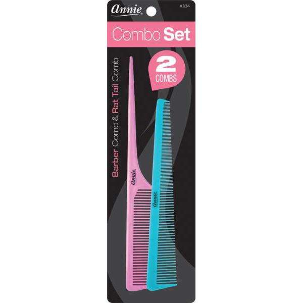 Annie Comb Combo Set, 2 Count Barber & Rat Tail Combs, Pink & Blue