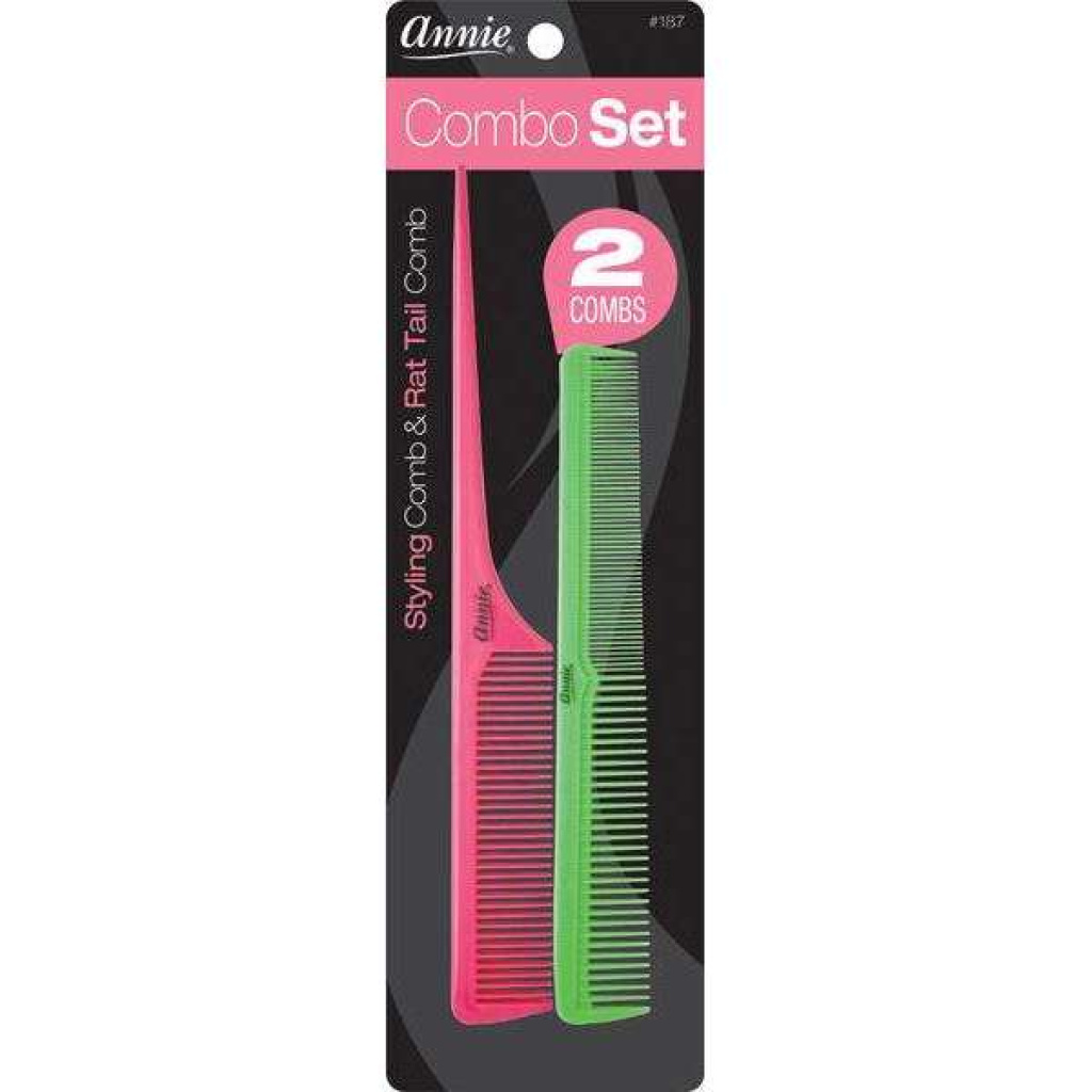 Annie Comb Combo Set, 2 Count Styling and Rat Tail Combs, Pink & Green