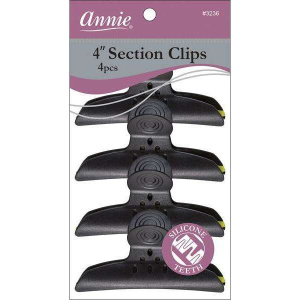 Annie Round Handle Hair Section Clips with Silicone Teeth, 4 Count, Black