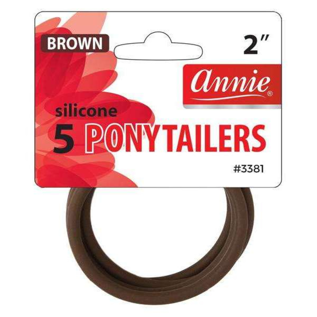 Annie Silicone Ponytailers 2in, 5 Count Elastic Hair Ties, Brown