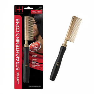 Hot & Hotter Thermal Straightening Comb Medium Teeth Copper Plate, 1 Count, Black & Gold