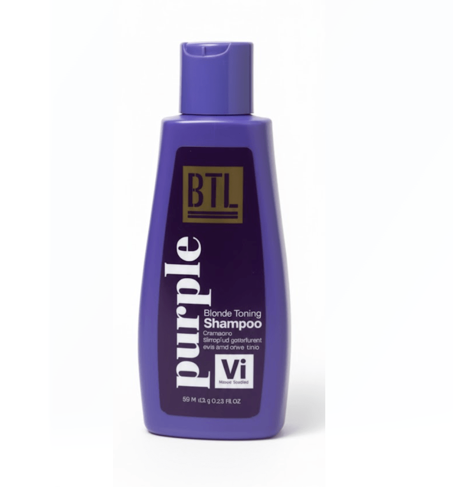 A purple plastic bottle of BTL Purple Blonde Toning Shampoo with a gold and black label and a flip-top purple cap, shown against a plain white background.