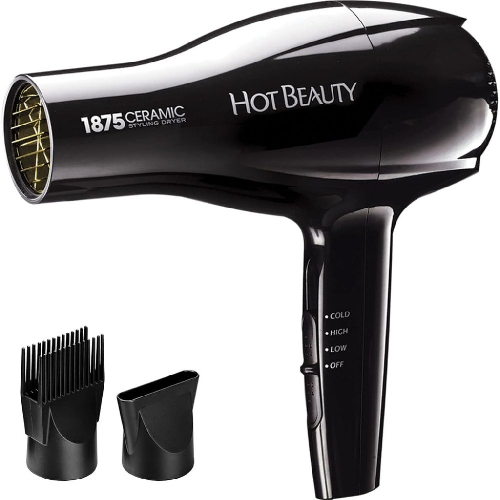 Hot Beauty 1875 Ceramic Styling Hair Dryer 2 Styling Attachments