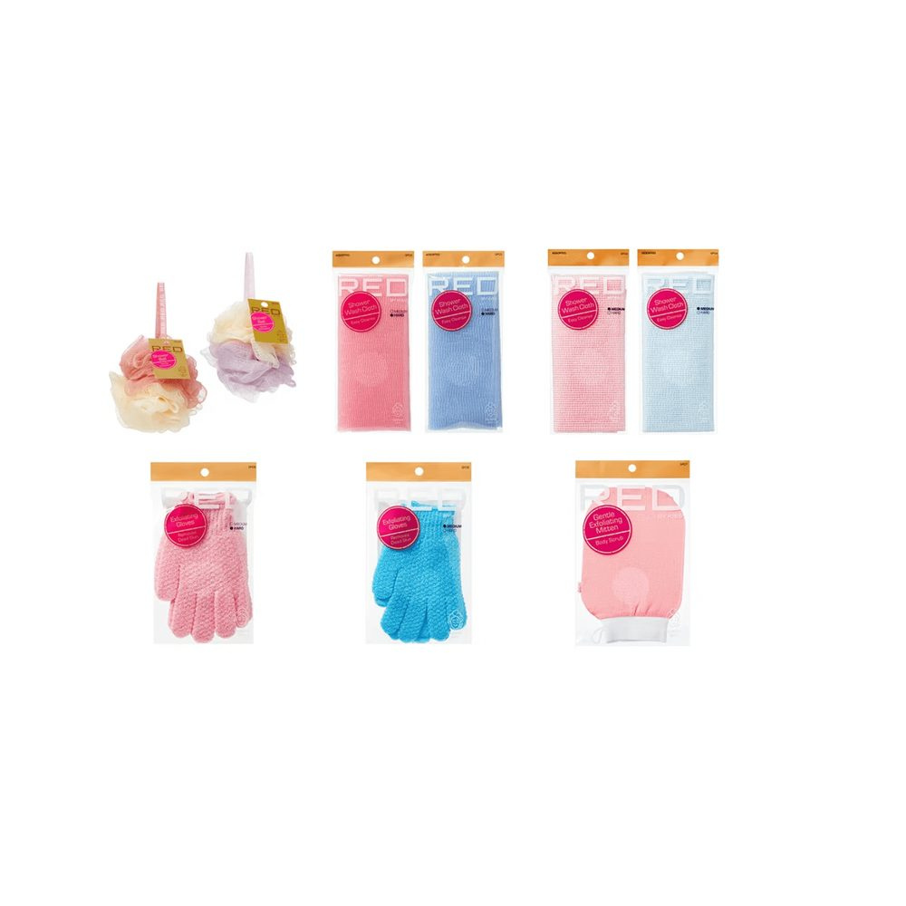 red-spa-bath-essentials-shower-ball-wash-cloth-exfoliating-gloves-mitt-assorted-set-941526