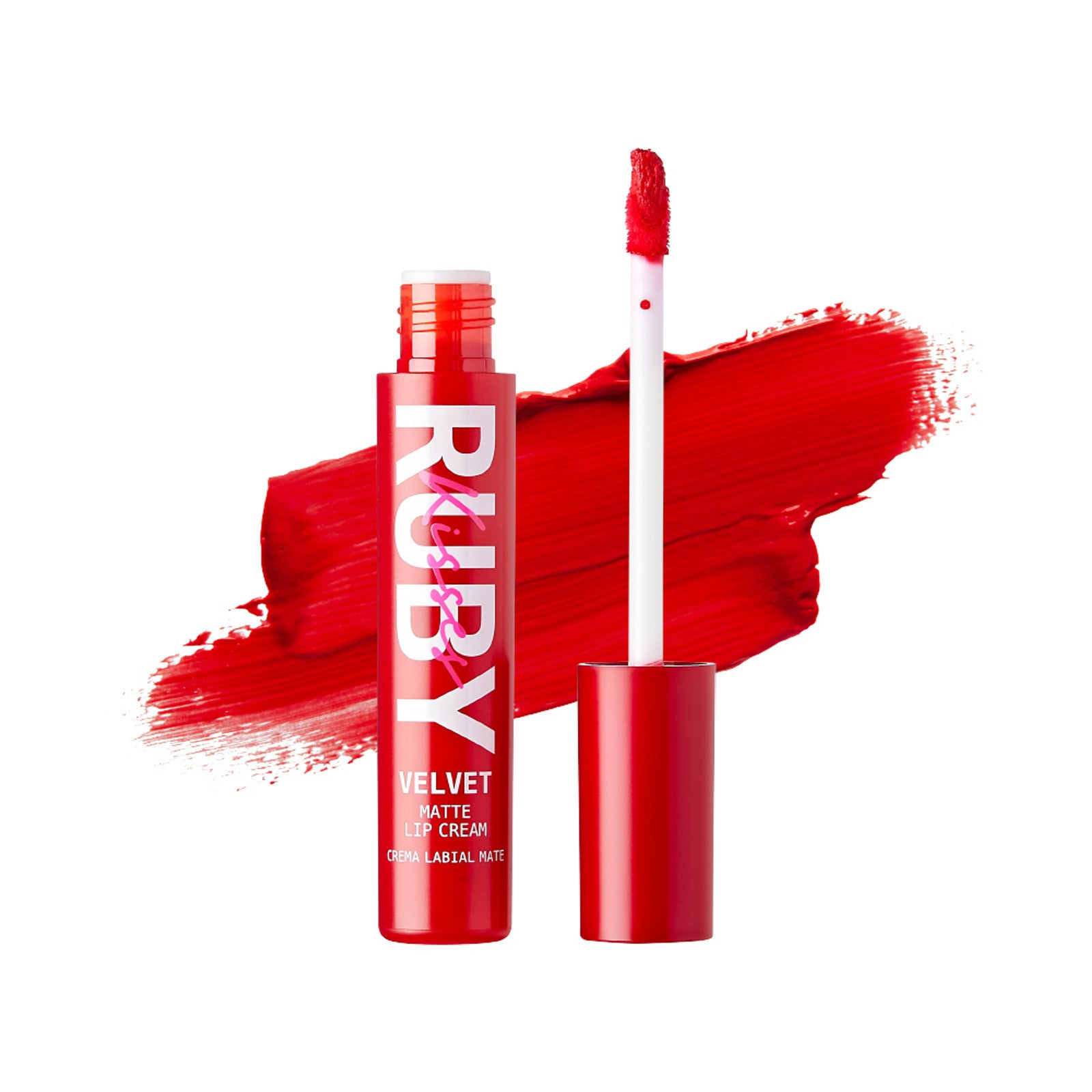 A red tube of liquid matte velvet lip cream with a red wand applicator standing beside a red smear of the product on a white background.